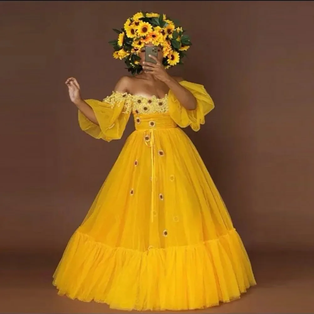 Girassol exuberante a linha vestidos femininos sempre bonito vestido de baile com mangas inchado longo até o chão vestidos formais em camadas
