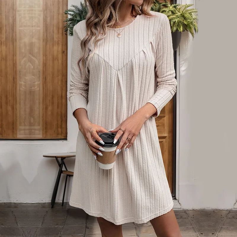 Autumn and Winter Brushed Pit Striped Knitted Skirt Long Sleeved Woolen Dress Pleated Patchwork Dress