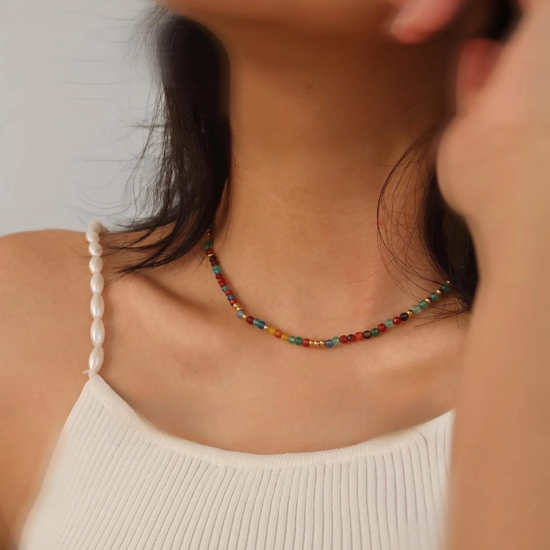 Colorful Agate Stone Beaded Necklace for Women's Natural Stone Titanium Steel Lock Bone Chain