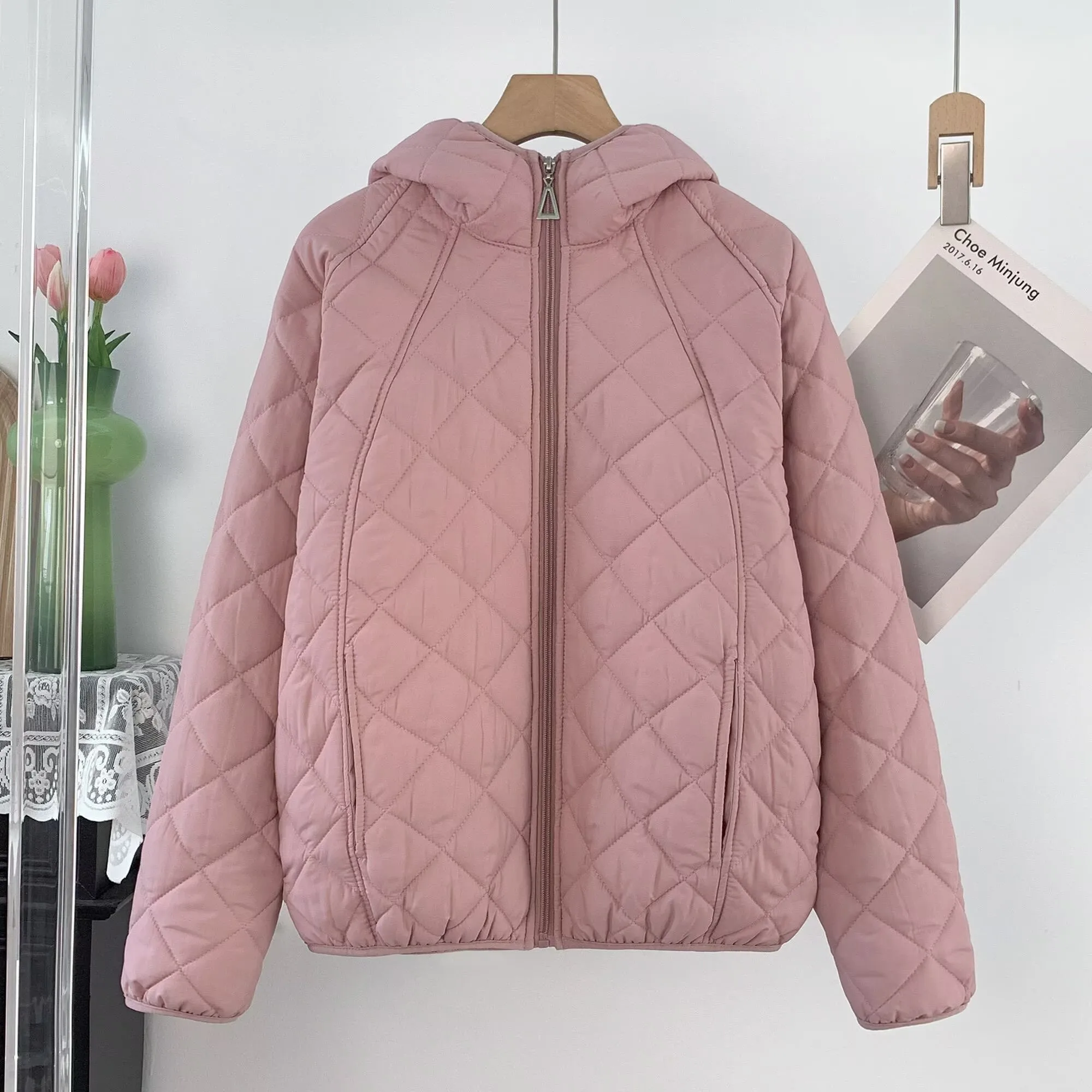 Korean Hooded Quilted Cotton Jacket Women's Short Coat Warm Slim Fit Autumn Winter New Diamond Patterned Cotton Padded Outwear