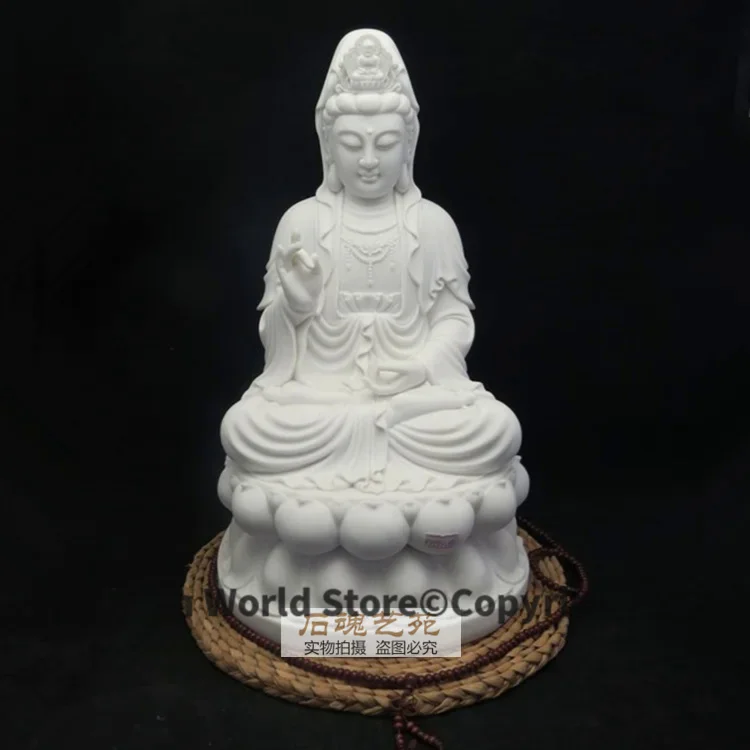 28.5cm LARGE family Protection efficacious Talisman Lotus Guanyin Buddha FENG SHUI royal White marble engraving Sculpture statue