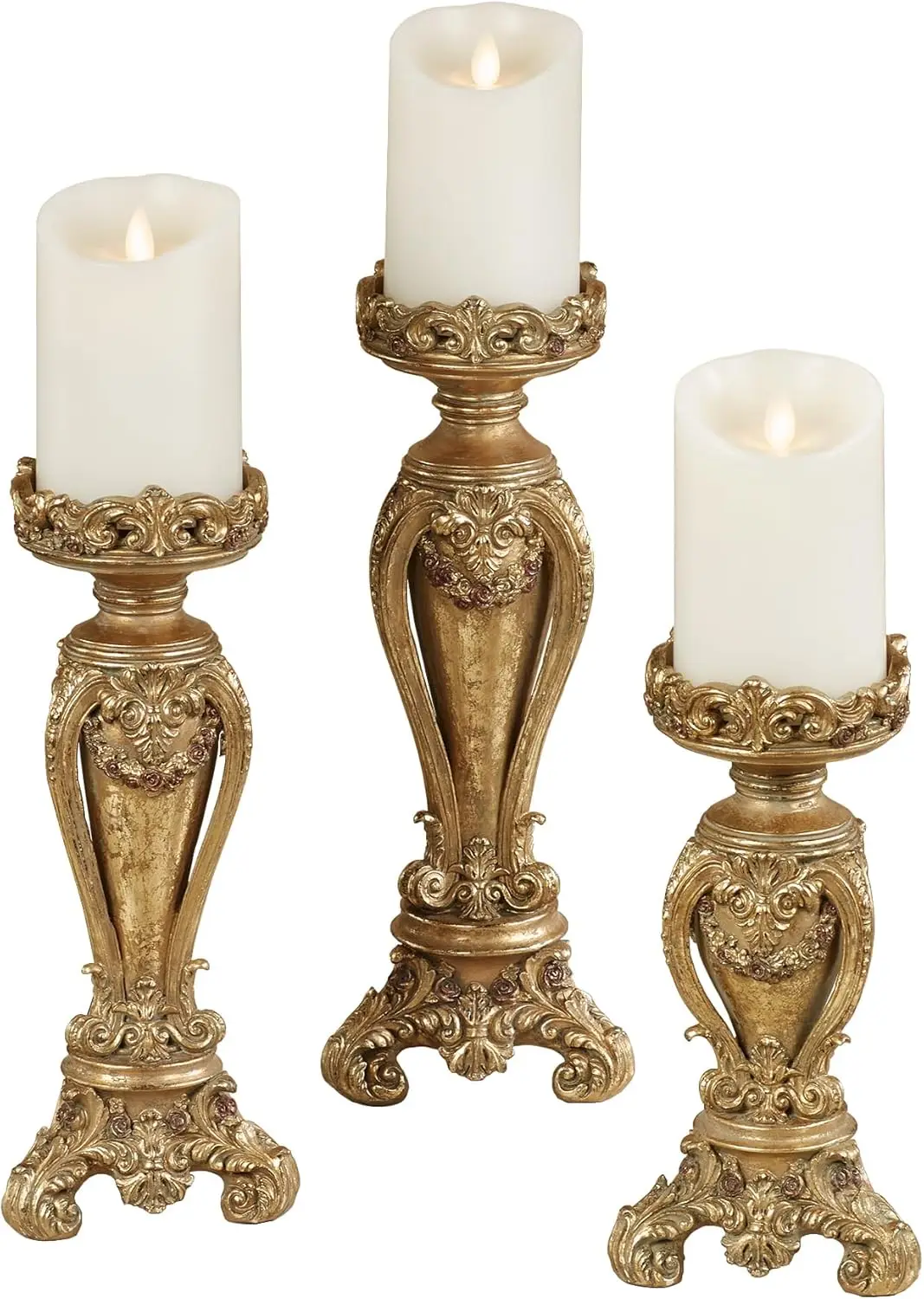 

Angelique Ornate Candleholders Aged Gold Set Of 3 - Victorian Style Table Candleholder For Dining Room, Mantel - Vintage
