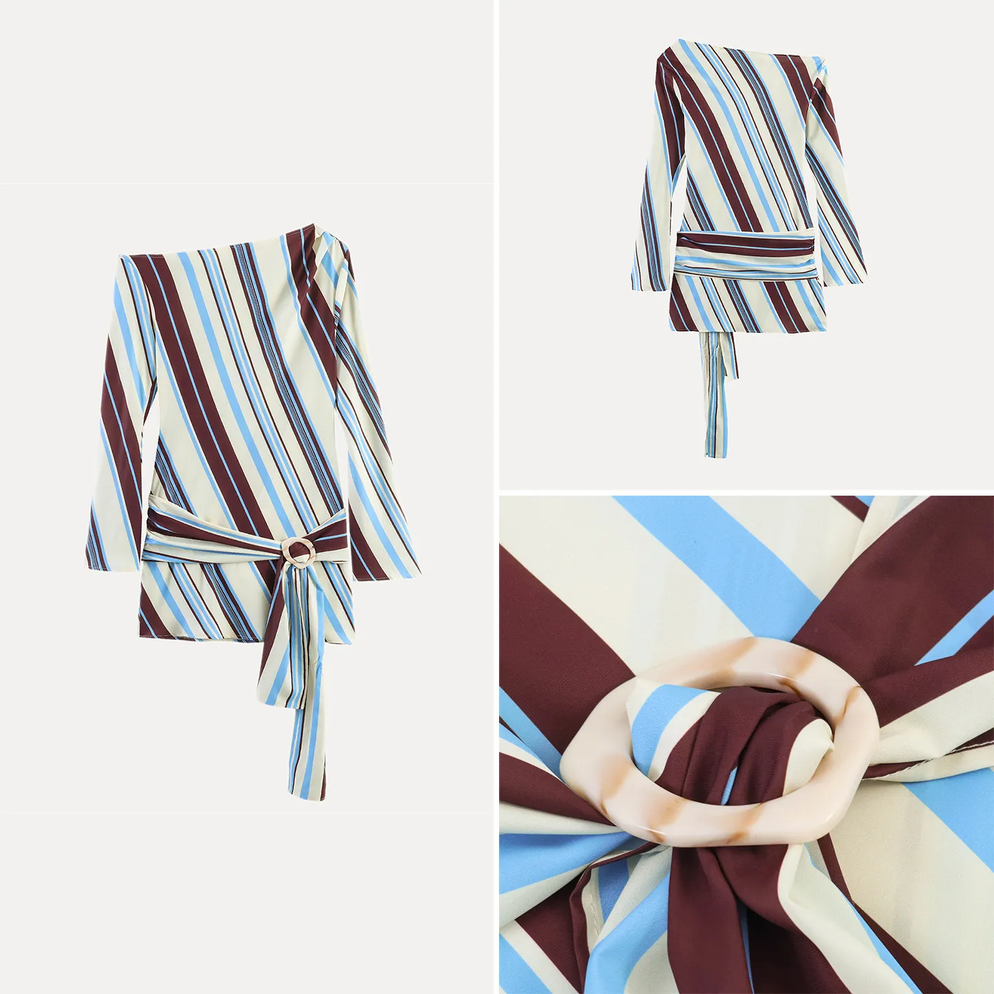 

Fashionable Long Sleeve Slim Fit Printed Dress with Belt Asymmetrical Stripes Summer 2026 Women's Casual Wear All Seasons