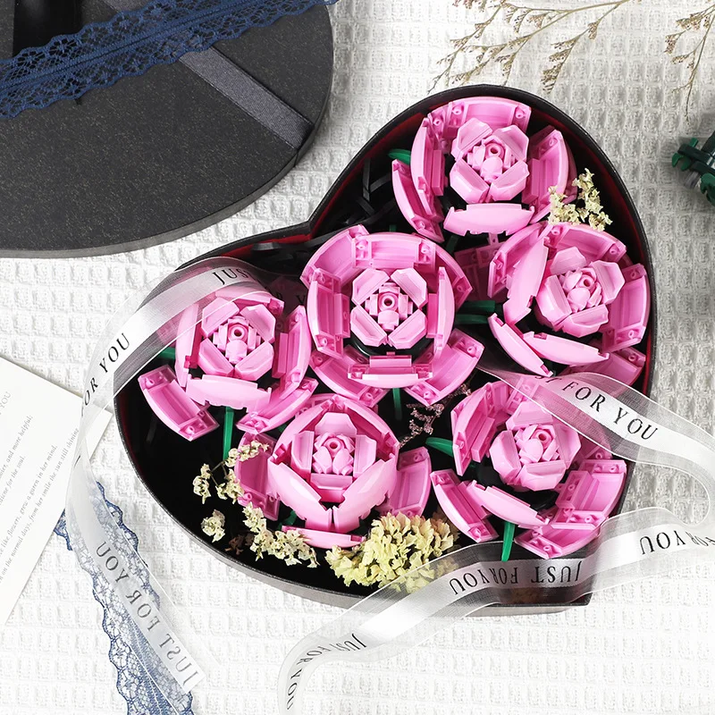 Rosa blocos de construção plantas paz e esperança jardins modelo clássico tijolos crianças conjunto kits brinquedo diy presente do dia dos namorados vermelho azul rosa