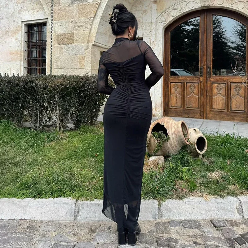 ALTGOTH 2024 Elegante Maxi Vestito Nero Delle Donne Streetwear Moda Sexy Maglia Vedere Attraverso Il Vestito Y2k Maniche Lunghe Elegante Vestito Da