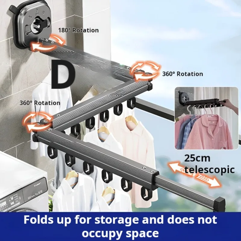 

Punchfree Suction Cup Sliding Hook Wallmounted Aluminum Alloy Thickened Telescopic Folding Clothes Drying Rack Balcony Home Use