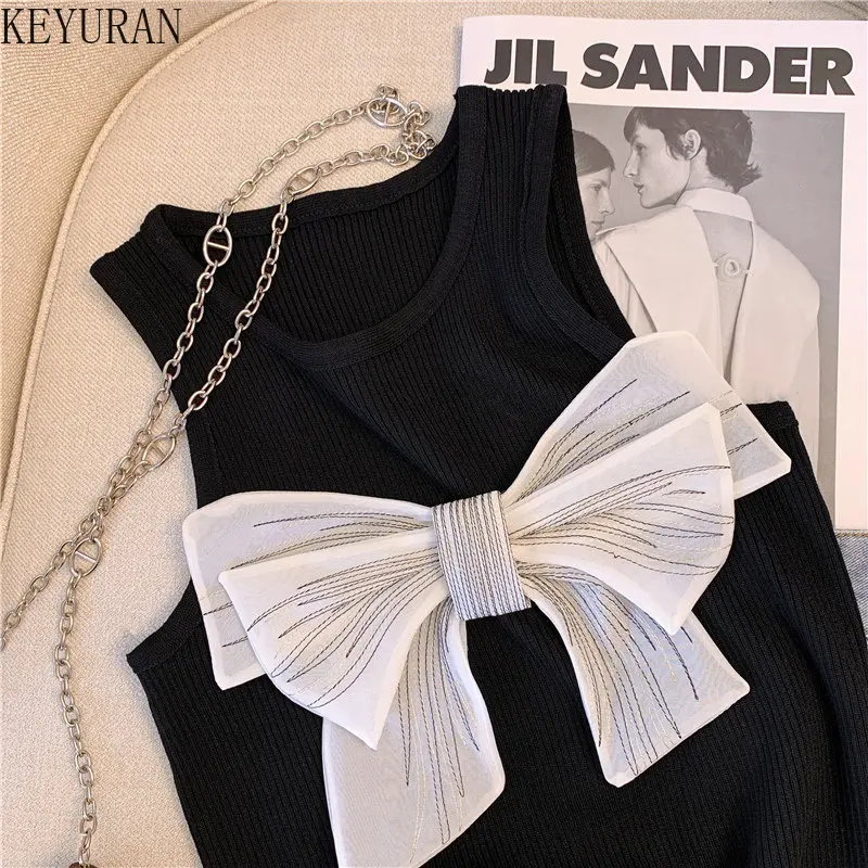 2023 Summer New Bow Knitted Vest Women Pullovers Chic O-neck Black White Sleeveless Pullover Sweater Vest Crop Top Jumper Tee