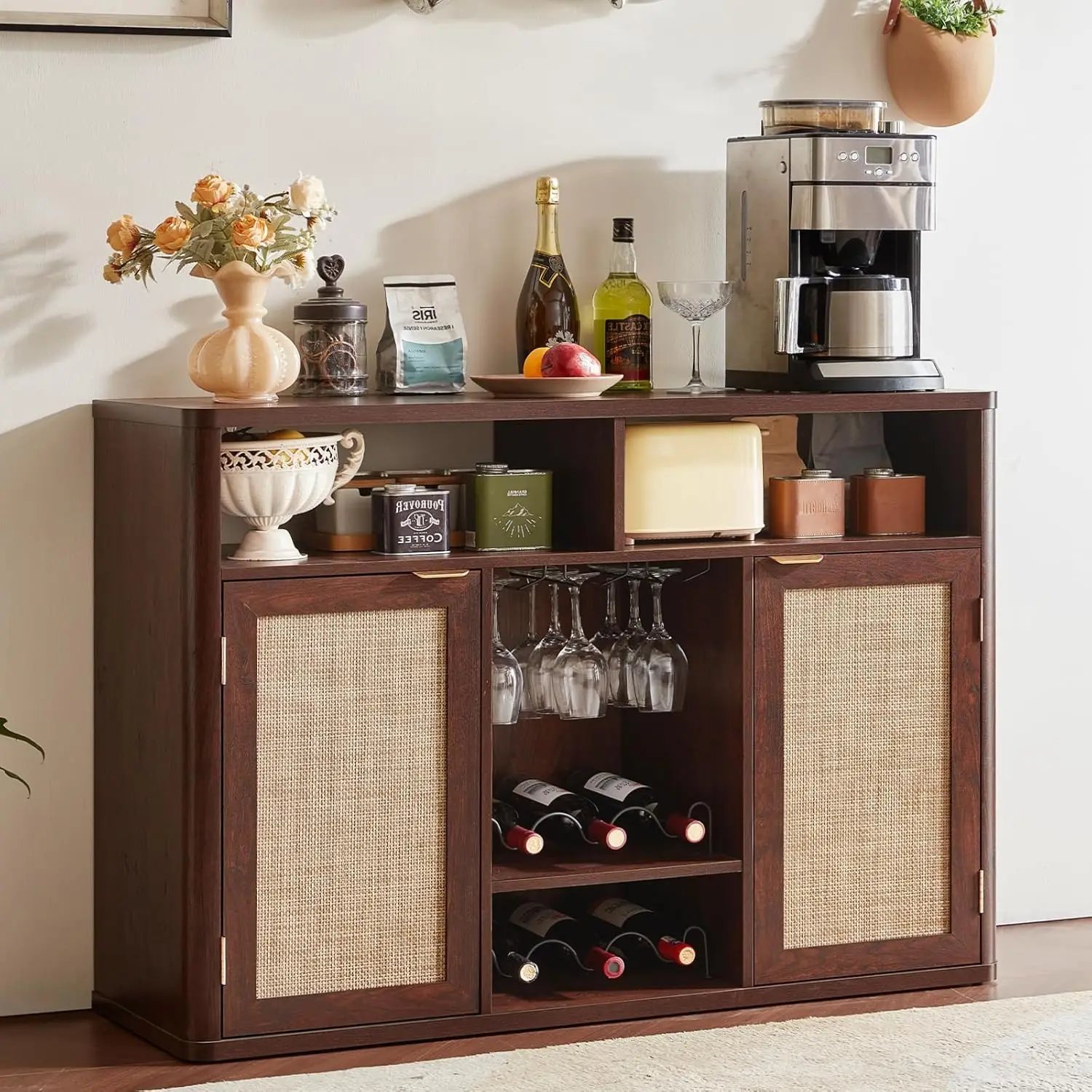 

47.2"Rattan Wine Cabinet,Boho Farmhouse Coffee Bar with Built-in Racks&Adjustable Shelves for Living/Dining/Kitchen,Walnut Brown