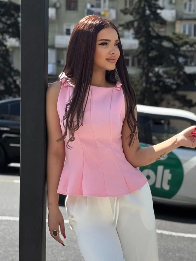 

HH женский летний уличный стиль сексуальный топ с круглым вырезом однотонный бант украшает молнию женские новые модные топы без рукавов 2 цвета