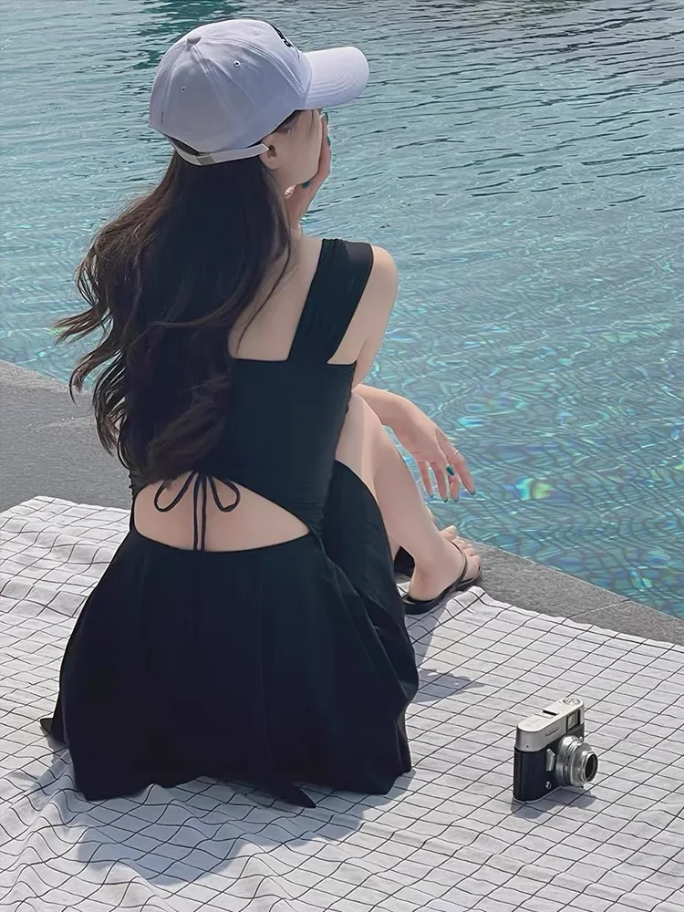 

Bla-Piece Swimsuit Women's Sle Slimming Belly Cover up Small Chest Gathered Casual Swimwear Nylon Spandex Polyester