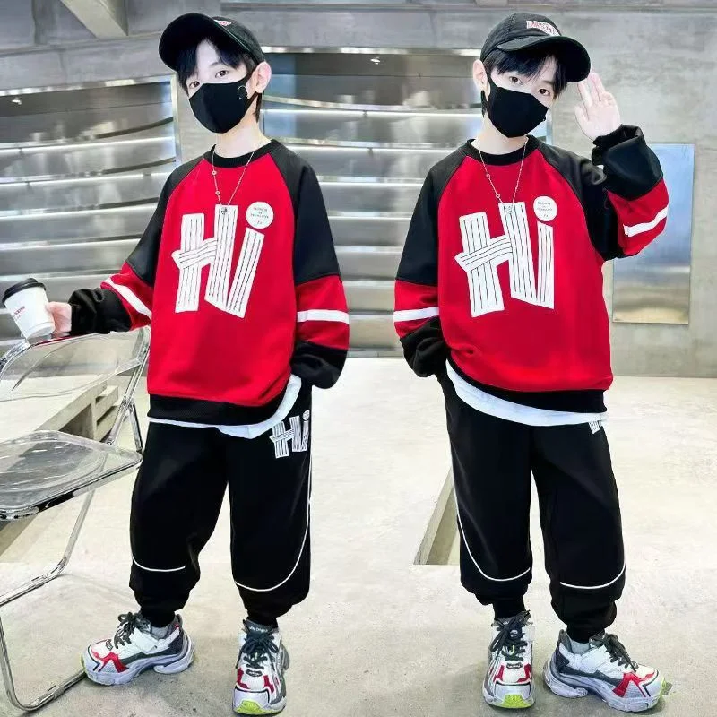 

Комплекты с капюшоном для мальчиков, детские осенне-весенние толстовки с капюшоном, костюмы для больших детей, модный комплект одежды, топ с надписью для подростков + брюки, комплект из 2 предметов, От 5 до 14 лет