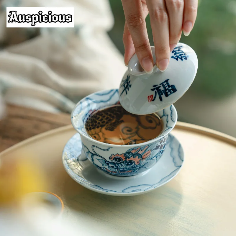 Pure Hand-painted Ink Dragon Tea Tureen Aesthetic Nafu Blue and White Tea Maker Gaiwan Household Teapot Teaware Decoration 200ml