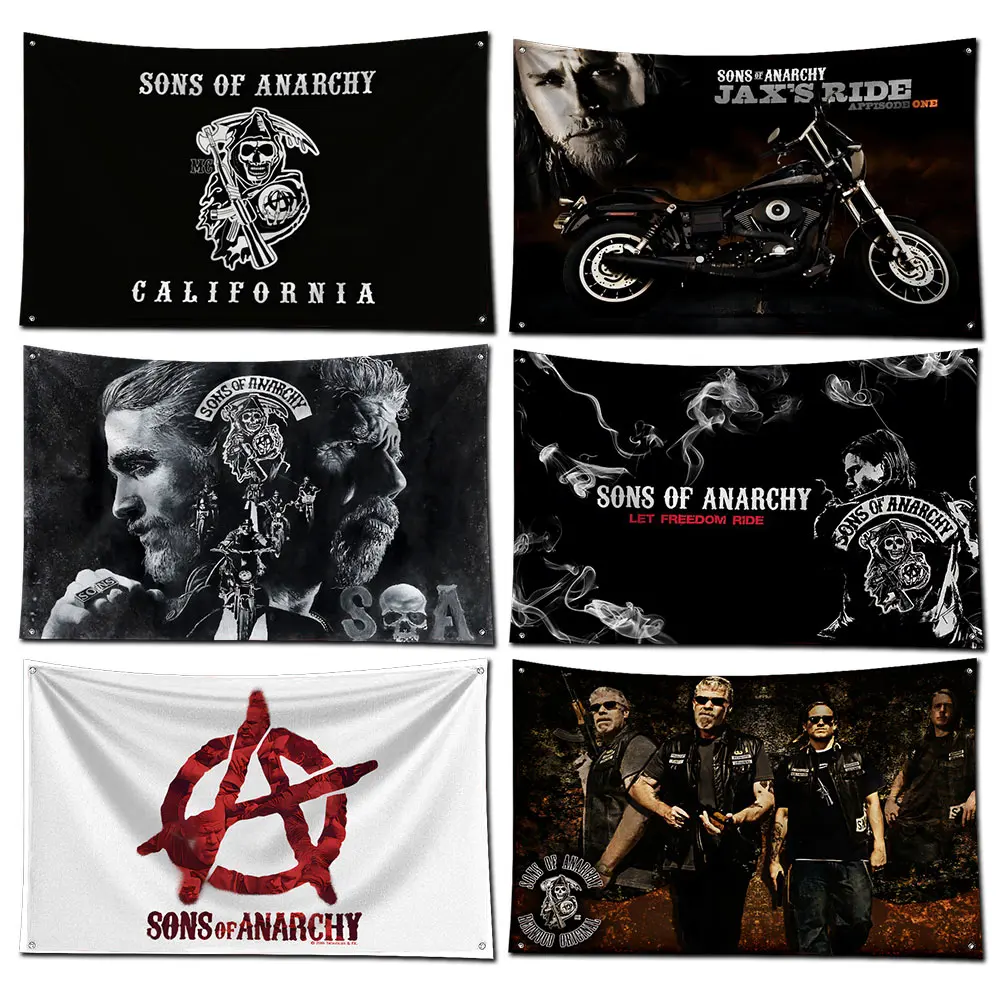 3x5 Ft S-Sons of Anarchy Flag Poliestrowy baner z nadrukiem cyfrowym do dekoracji drzwi garażowych z mosiężnymi przelotkami