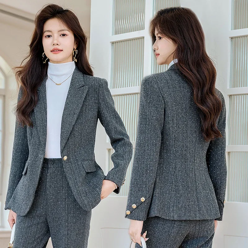 البوب موضة النساء الدعاوى 2024 جديد الخريف الشتاء مزاجه الأعمال الرسمية سليم السترة والسراويل مضيئة مكتب السيدات ملابس العمل