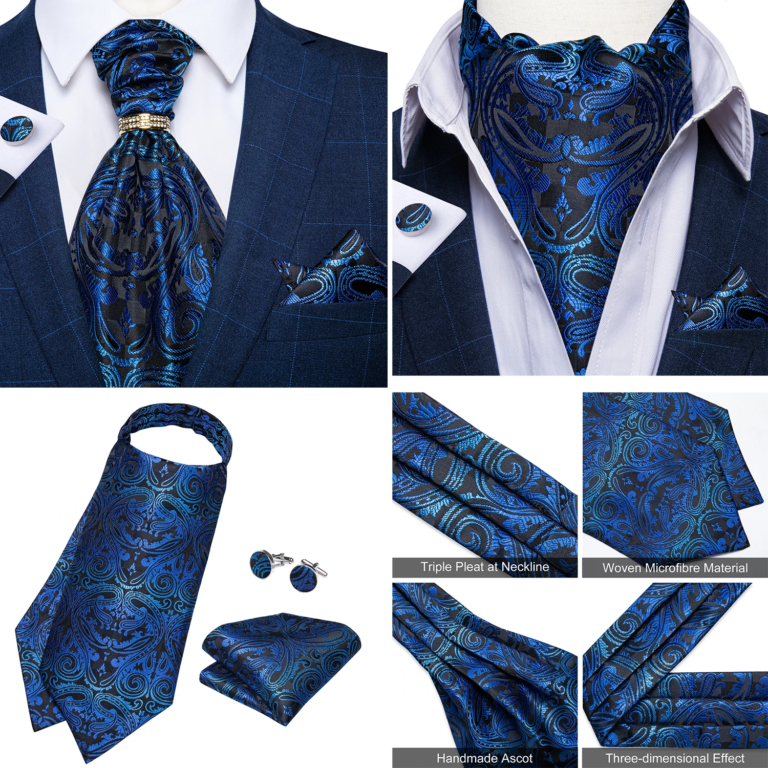 Luxury Men Green Blue Paisley Ascot Tie Set Solid Necktie Ring Wedding Party Cravat Purple Ties Pocket Sqaure Cufflink Free Ship