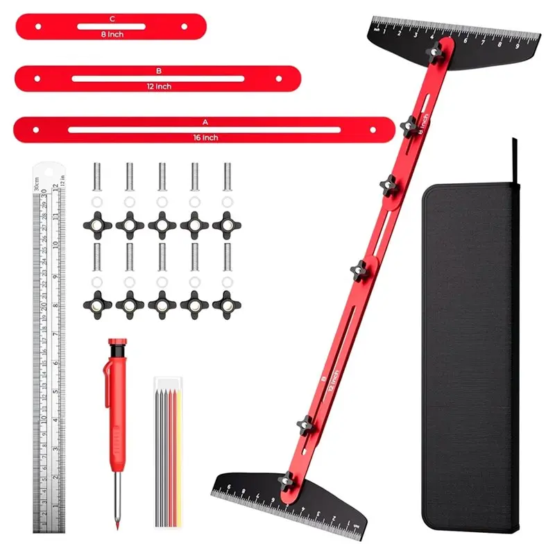 AB34-Adjustable Stair Jig And Stair Tread Template Tool Kit- Includes Carpenter Pencil& Steel Ruler For Precise Woodworking