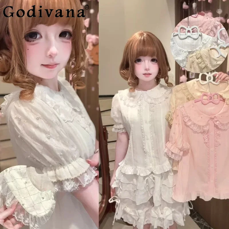 

Original Sweet Girls Lolita White Cotton Shirt Summer New Cute Kawaii Short-sleeved Blouses Lace Stitching Lo Inner Tops Women