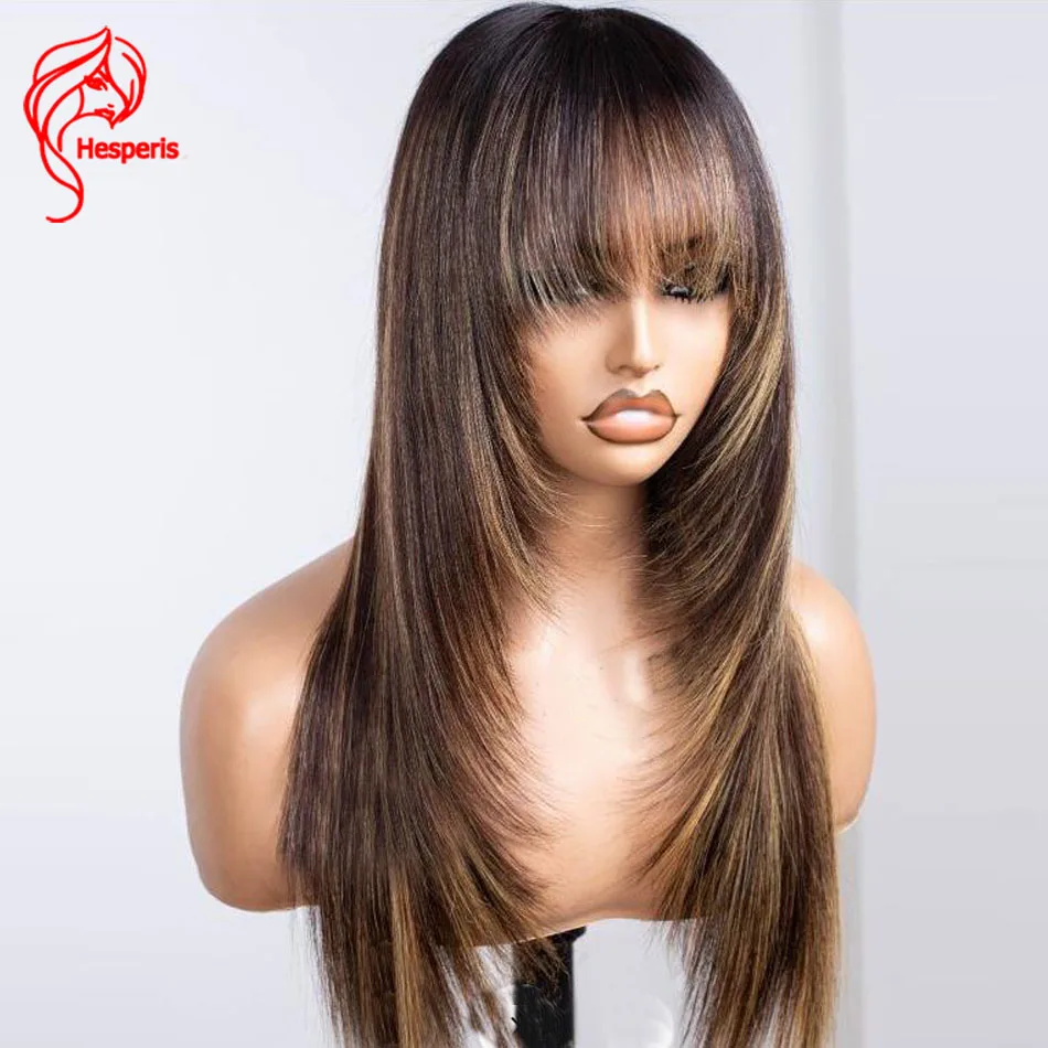 Hesperis Blonde Highlight Layers With Bangs Glueless Human Hair Lace Front Wig Brazilian Remy Silk Straight Lace Frotal Wigs