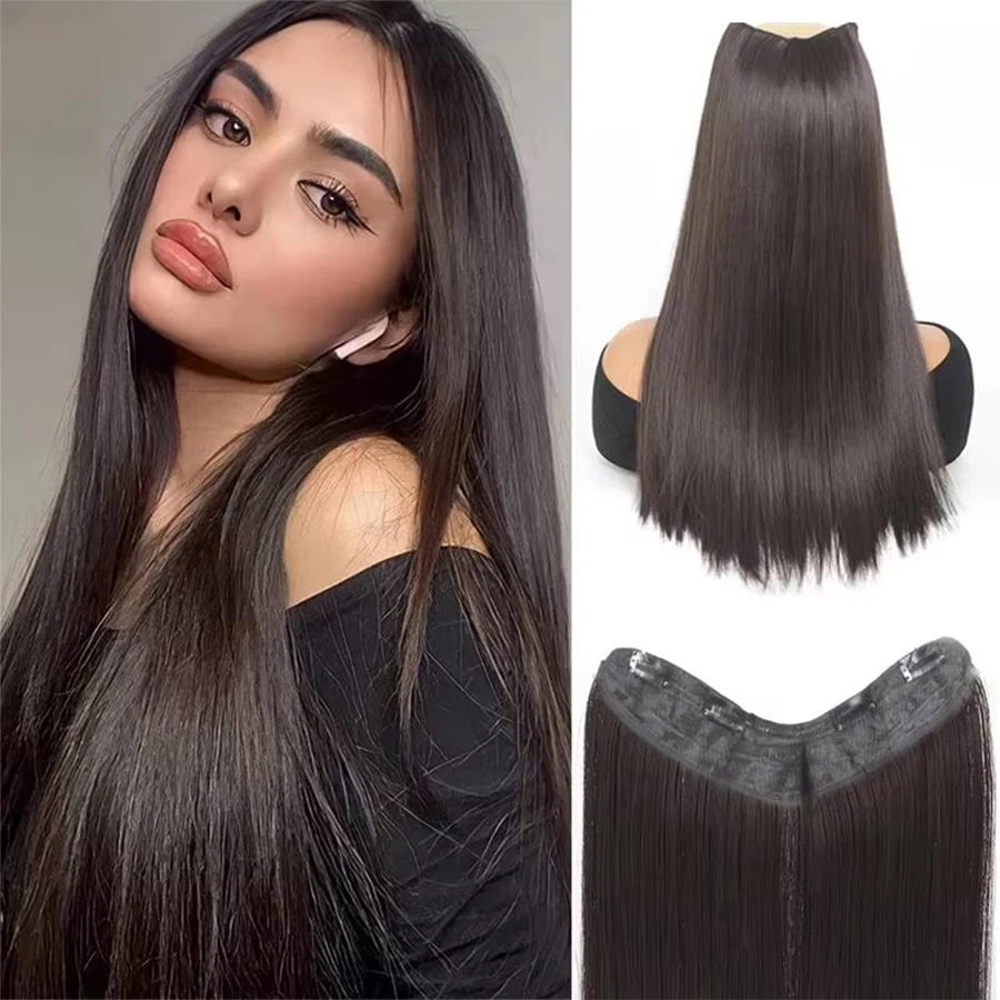 

Synthetic long straight V-shaped half head wig suitable for women black brown hair clip gold black brown natural wig