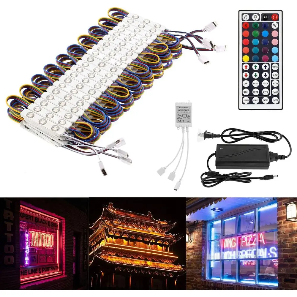 50t Commercial RGB Storeront Light Kit or Businwith Remote Control, 12v Power Supply Transormer, 100Pcs 3-LED Outdoor Adhesive W