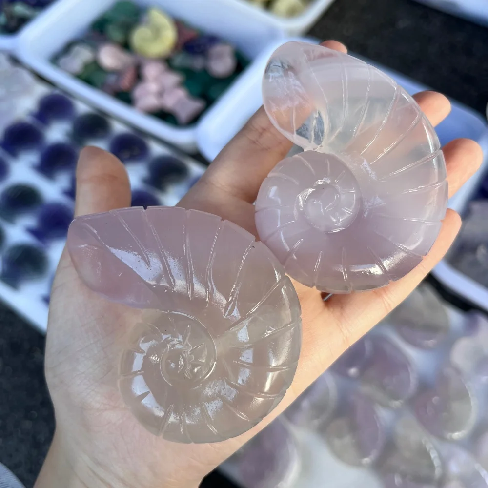 2pcs Natural Rose Quartz Seashell Carving Polished Reiki Healing Energy Stones Feng Shui Room Decor Gift