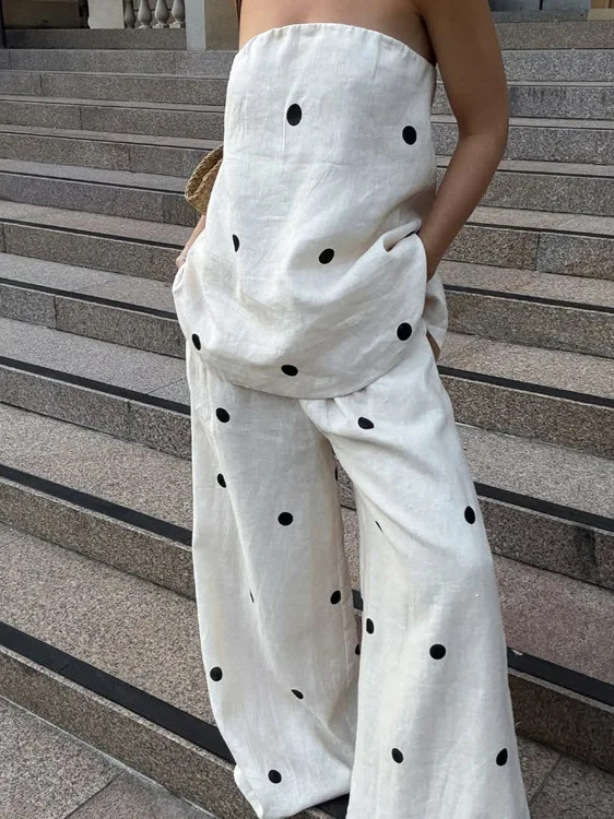 

Cotton Polka Dot Strapl Top And Wide Leg Pants Women's Faion Set Ele Sle Summer Outfit oulder Bared Tube Top