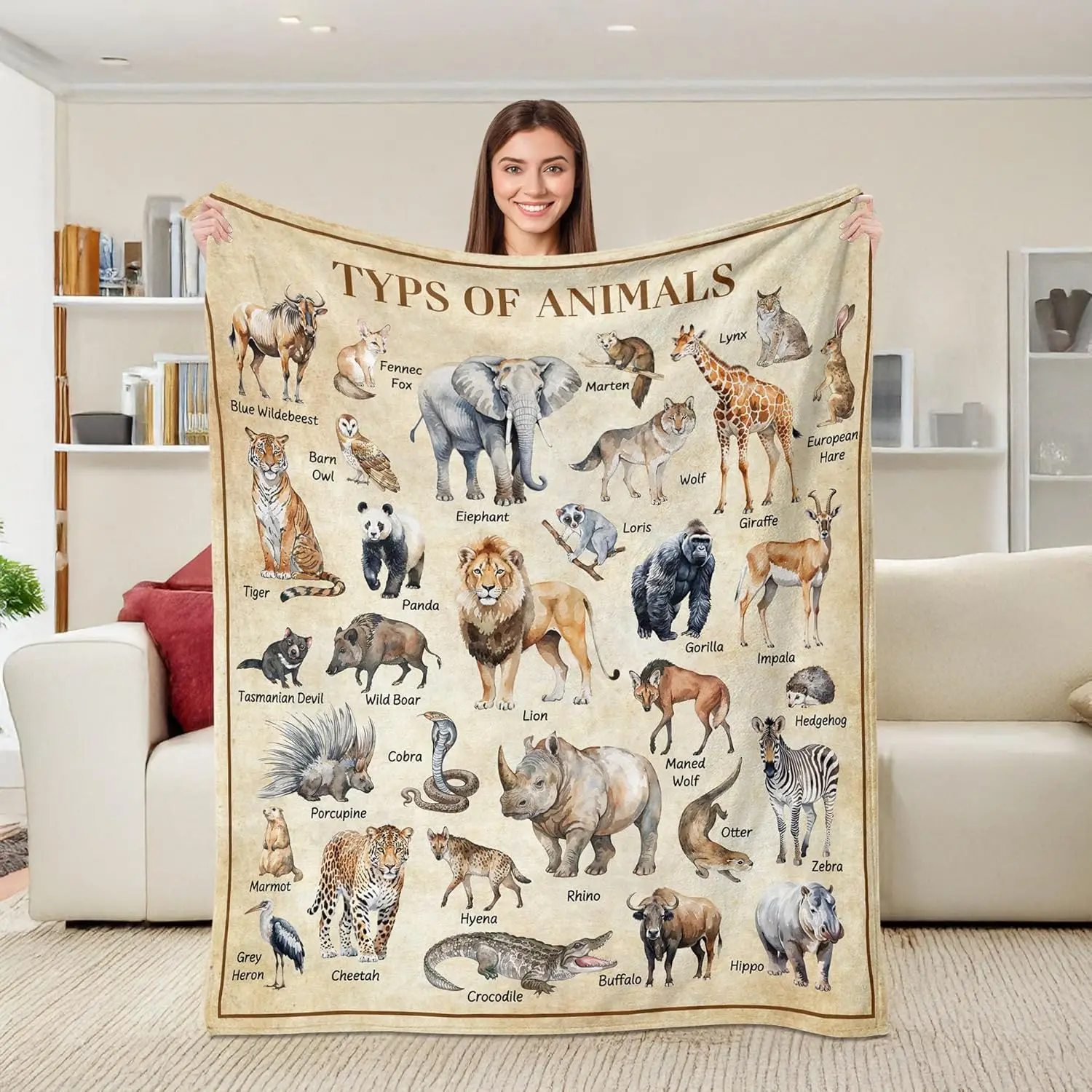 Animal Chart Throw Blanket, Educational Guide Types of Animals Flannel Fleece Blankets, Super Soft Warm for Couch Dorm Sofa Room