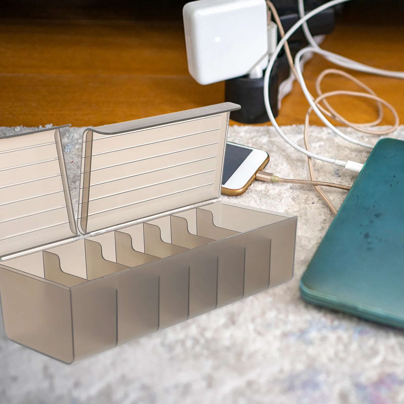 

7-Slot Slim Cable Management Box Premium Cord Organizer Case for USB Charging Cables Desktop Wire Organizer Cable Storage Box