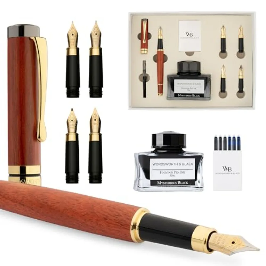 

Fountain Pen Gift Set, Includes Ink Bottle, 6 Ink Cartridges, Ink Refill Converter, 4 Replacement Nibs, Luxury Bamboo, Journali