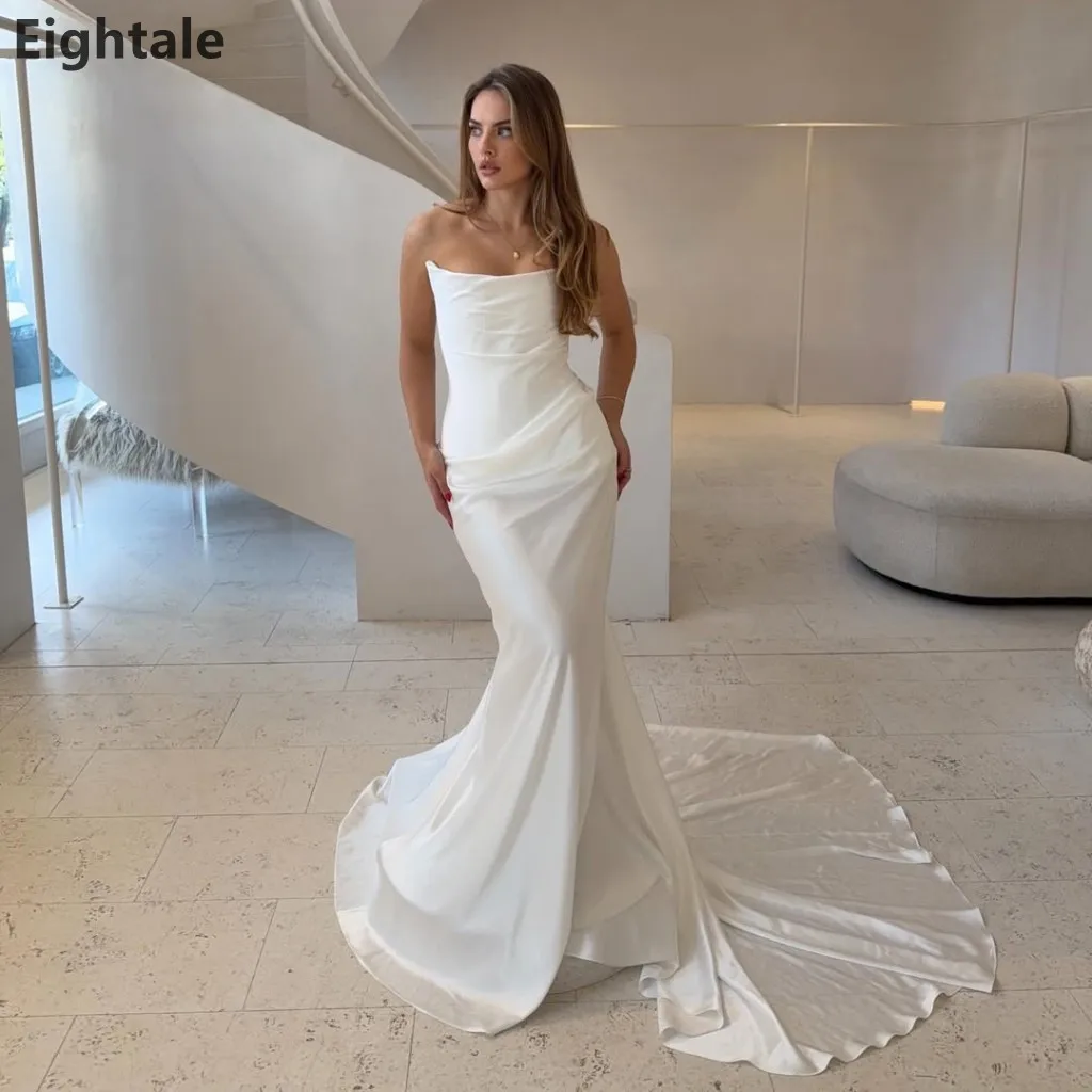 

Eightale 2026 Elegant Ivory Satin Mermaid Wedding Gown Strapless Ruched Train Bridal Dress Robe De Mariage Custom Made