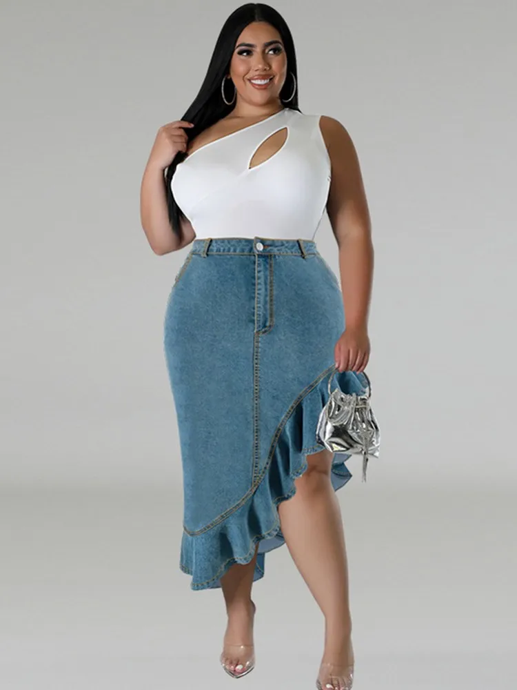 Summer Women's Plus Size Clothes Denim Midi Skirt Korean High Waist Front Slit Long Skirts Women Streetwear Casual Loose Skirt