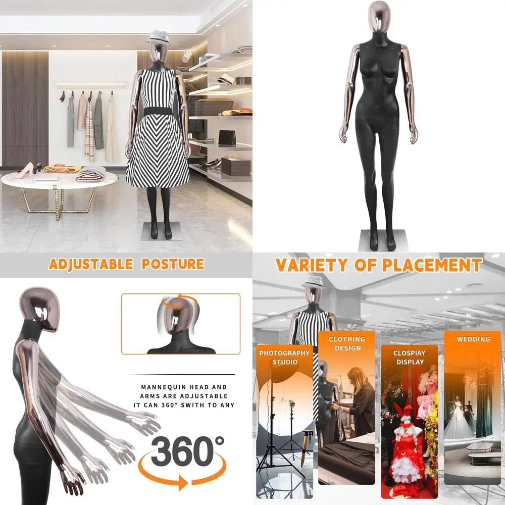 

70-Inch Adjustable Black Male Mannequin with Detachable Arms, Plastic Body, Metal Base, and Rose Gold Hands