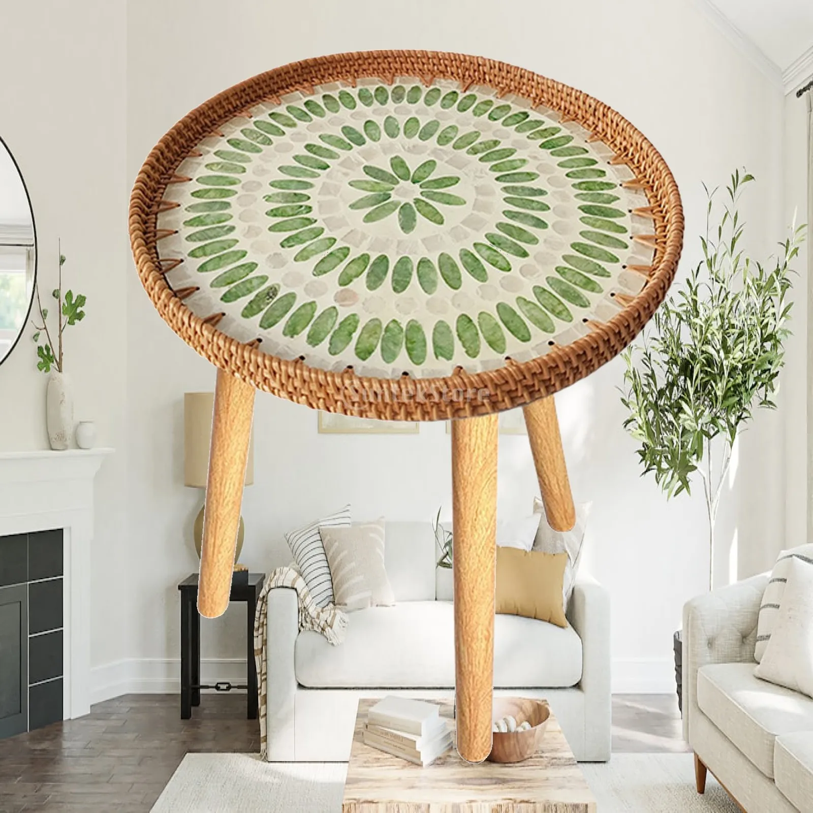 Rattan Side Table End Table Tea Table NightStand for Balcony Patio Indoor Bedroom Proch
