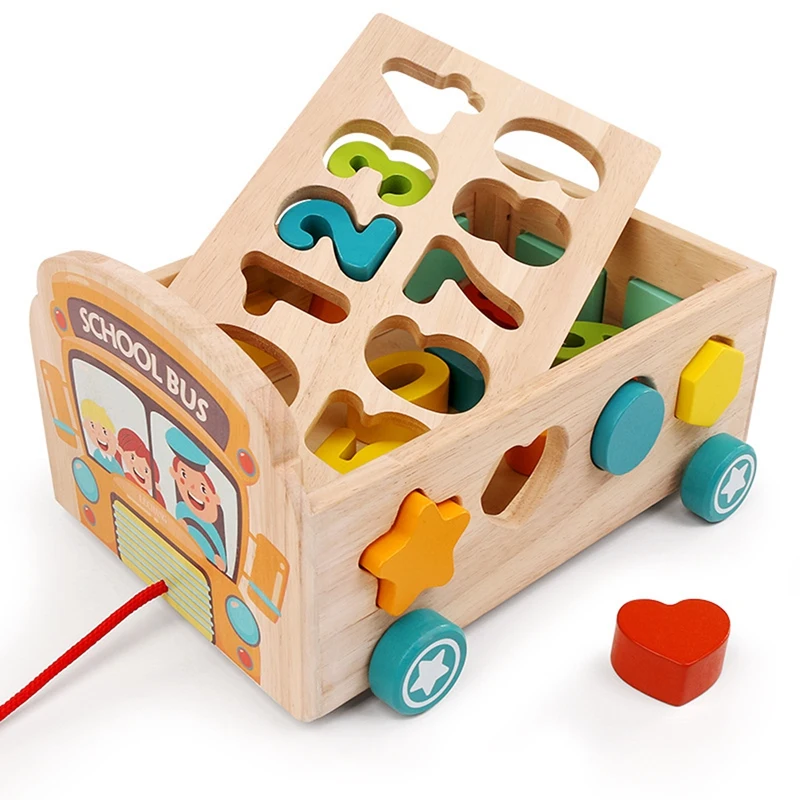 Kids Wooden Drag Car Toys Geometric Shape Building Blocks Matching Toys Assembly School Bus Early Education Puzzle Toys