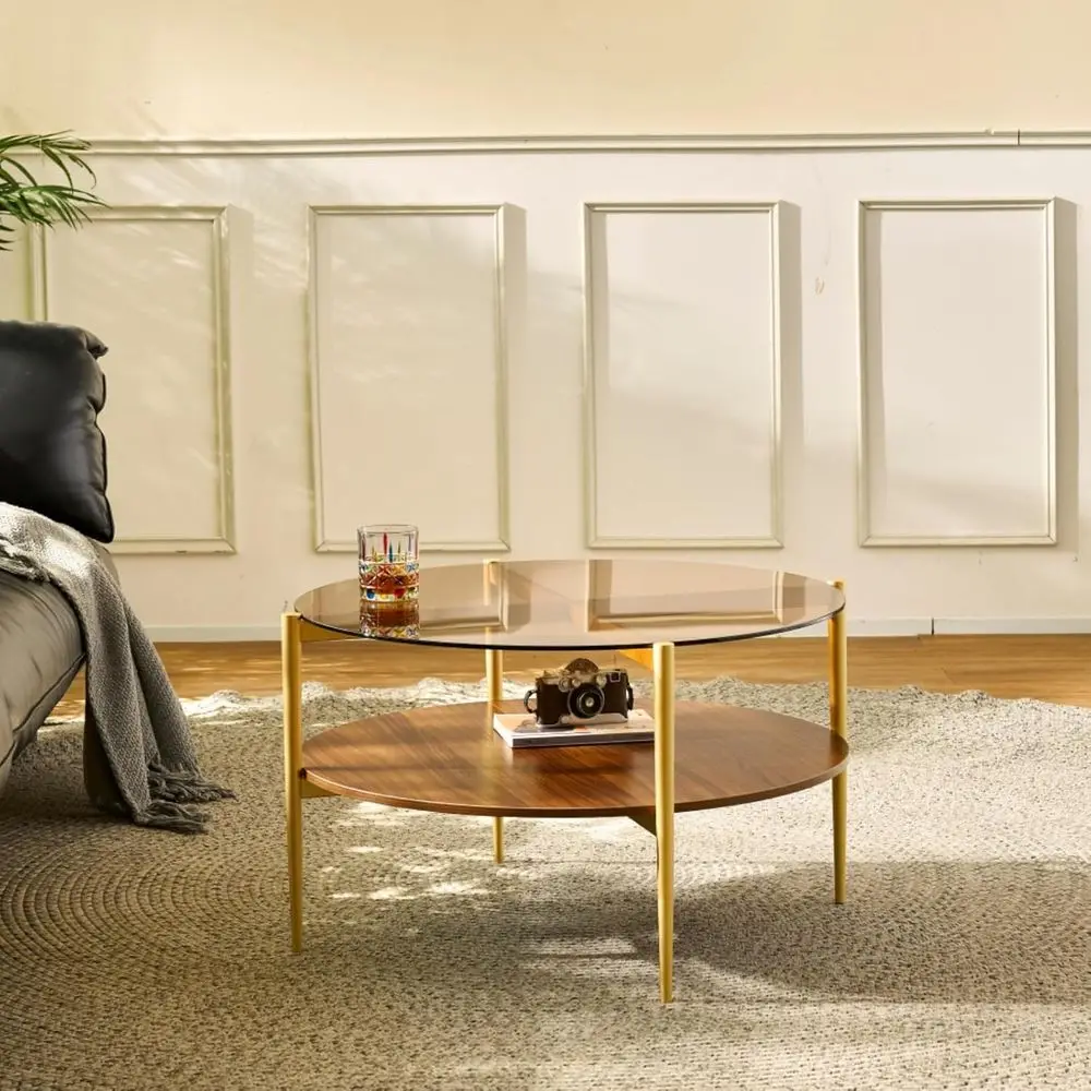 طاولة القهوة الحديثة في منتصف القرن، سطح القهوة والزجاج البني والجوز MDF، أرجل وإطار ذهبي #5