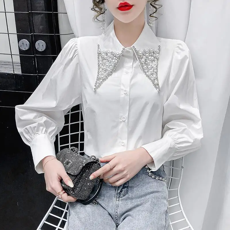 Women Embroidered Flares Beads Chic Luxury Design Elegant Blouses Fashion White Office Lady Business Casual Puff Sleeve Shirts