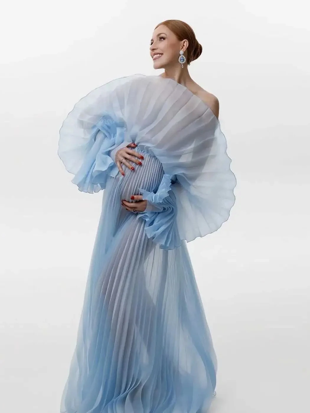 Fotoshooting schwangere Umstands kleider lange Falten ärmel Organza schiere Umstands kleid Baby himmelblau Maxi kleider von der Schulter