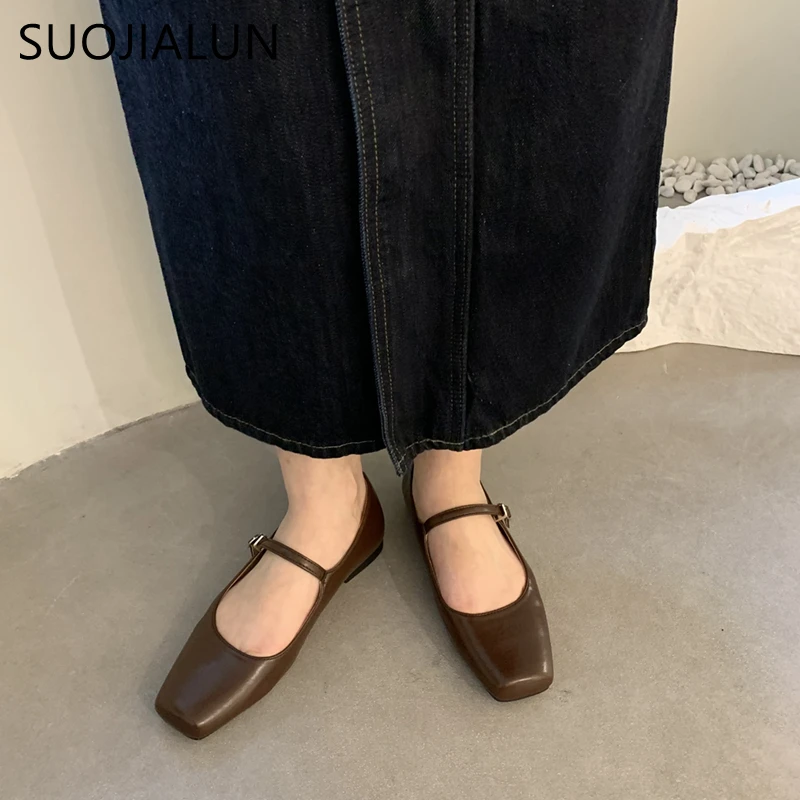 SUOJIALUN 2023 Summer New Brand Women Flats Fashion Square Toe Shallow Mary Jane Shoes Soft Casual Ballet Shoes Slingback Shoes