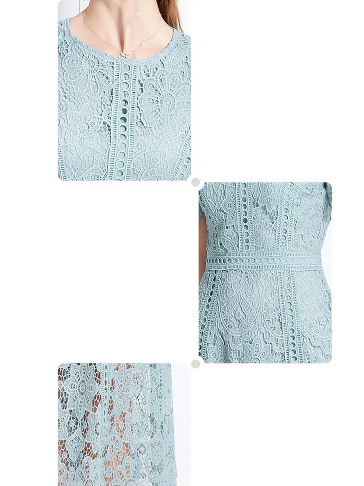 SMTHMA Vintage High-End O-Neck Short Sleeve Lace Hollow Out Dress For Women\'s Summer Slim Elegant Long Dress Female Clothing