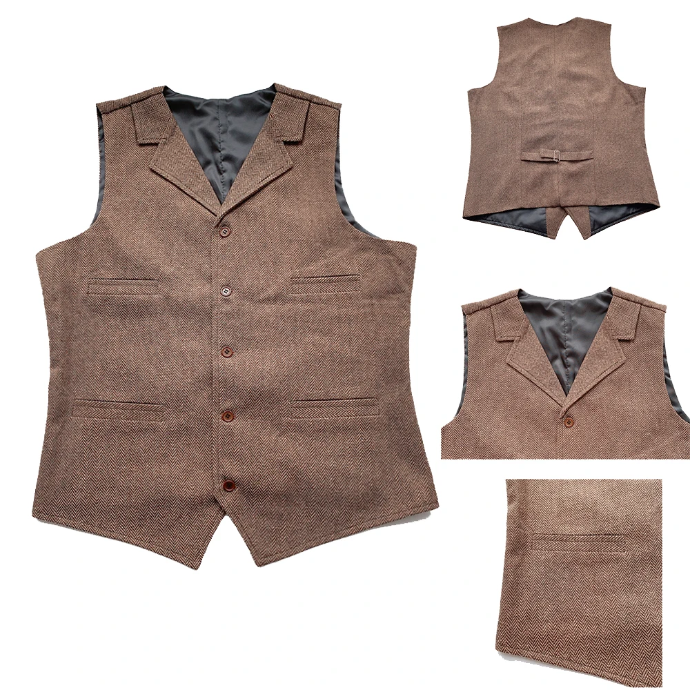 Men's Vest Brown Wedding Wool Tweed Business Waistcoat Jacket Casual Slim Fit Steampunk Vests For Groosmen Man Wedding