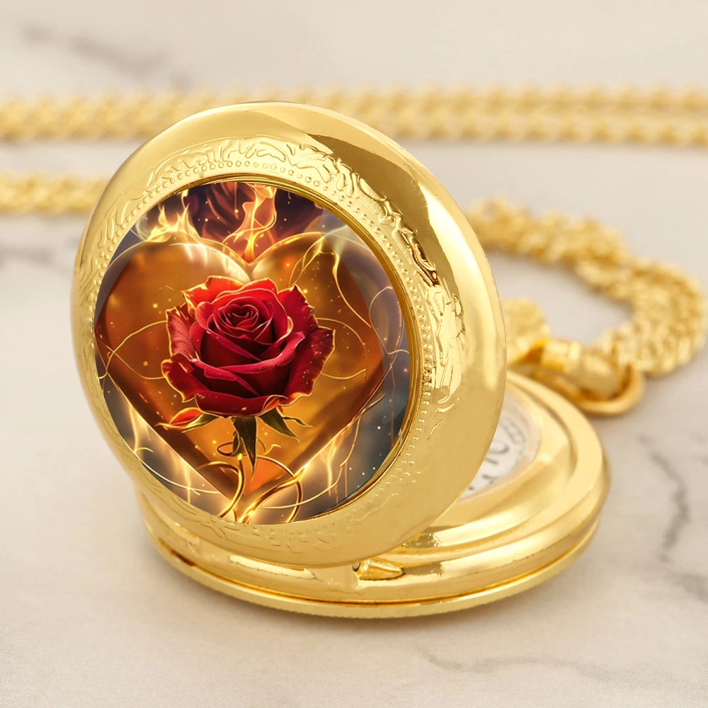 Exquisite Golden Heart Rose Vintage Quartz Pocket Watch Women Men Necklace Unique Pendant Clock Watch Gift Accessories