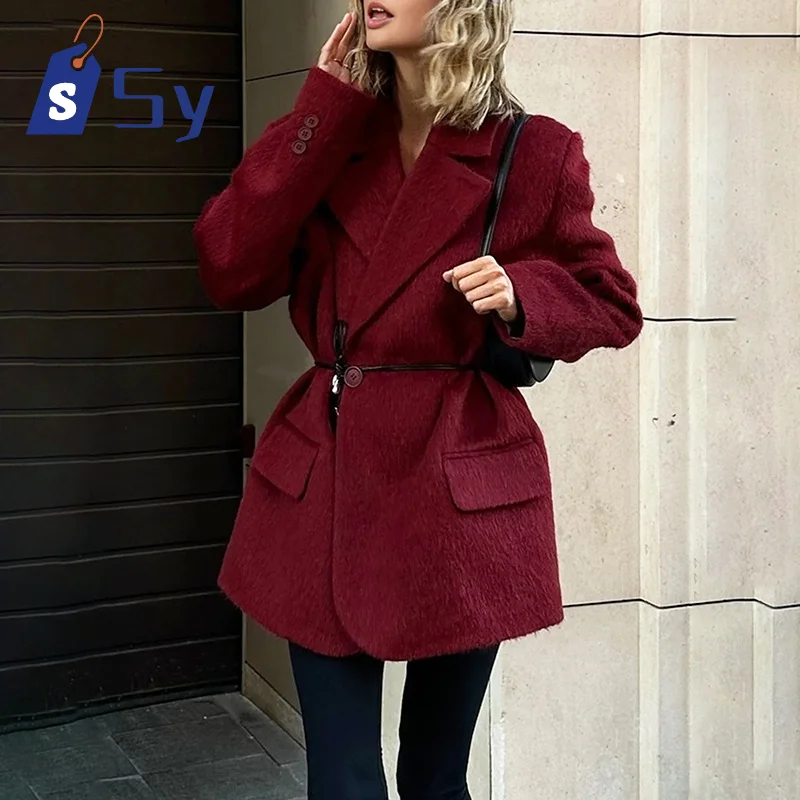 

Sy2024 Fashion Street Red Suit Coat Women's Casual Baggy Lapel Full Cuff Pocket Women's Jacket Fall Women's Commuter Coat New