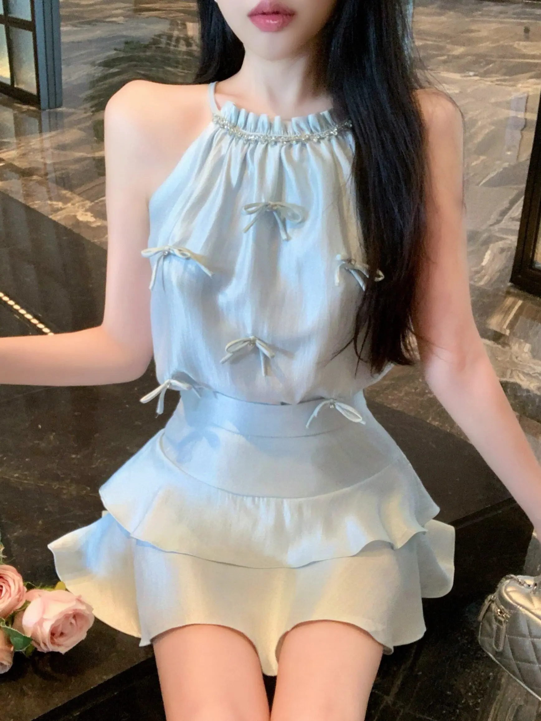

Sweet Summer 2026 Women's Fashion Set with Bowed Neck Vest And Pleated Skirt High Waist Short Skirt Elegant Style Two-Pi...