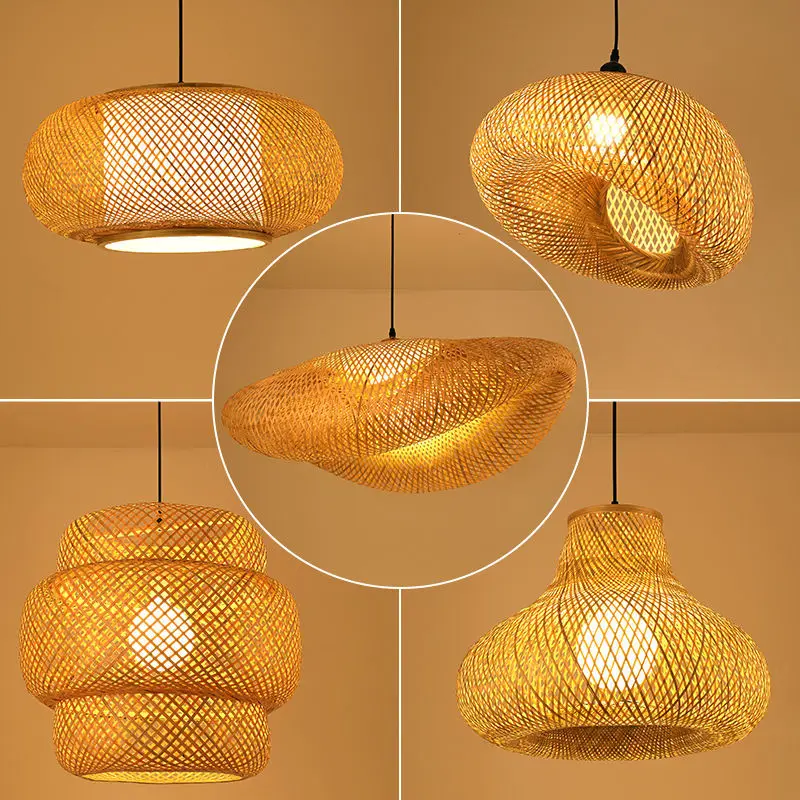 Bamboo Wicker Rattan Lampshade Rustic Pendant Lamp Weaving Hanging  Restaurant Kitchen Chandelier Dining Room Lampe-Rattan Lamp