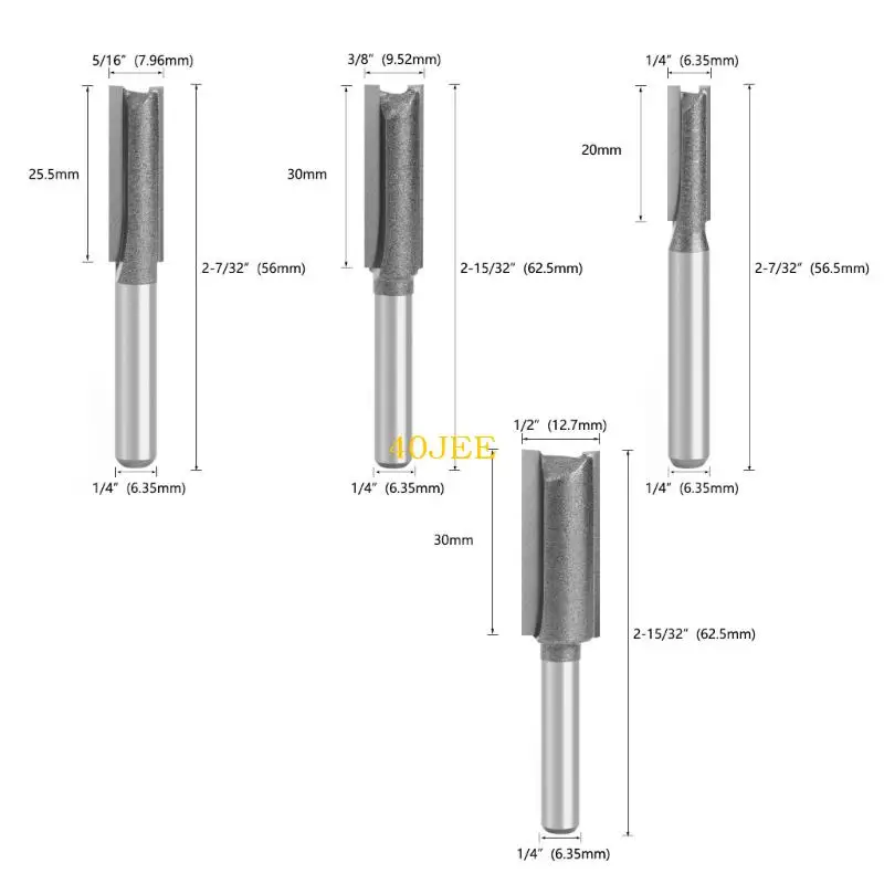 40JE 4Pieces Profesional Woodworking Router Bit Double Edges Design 1/4inch Shank Daya Daya Daya Baja Lurus Potong Router Bit