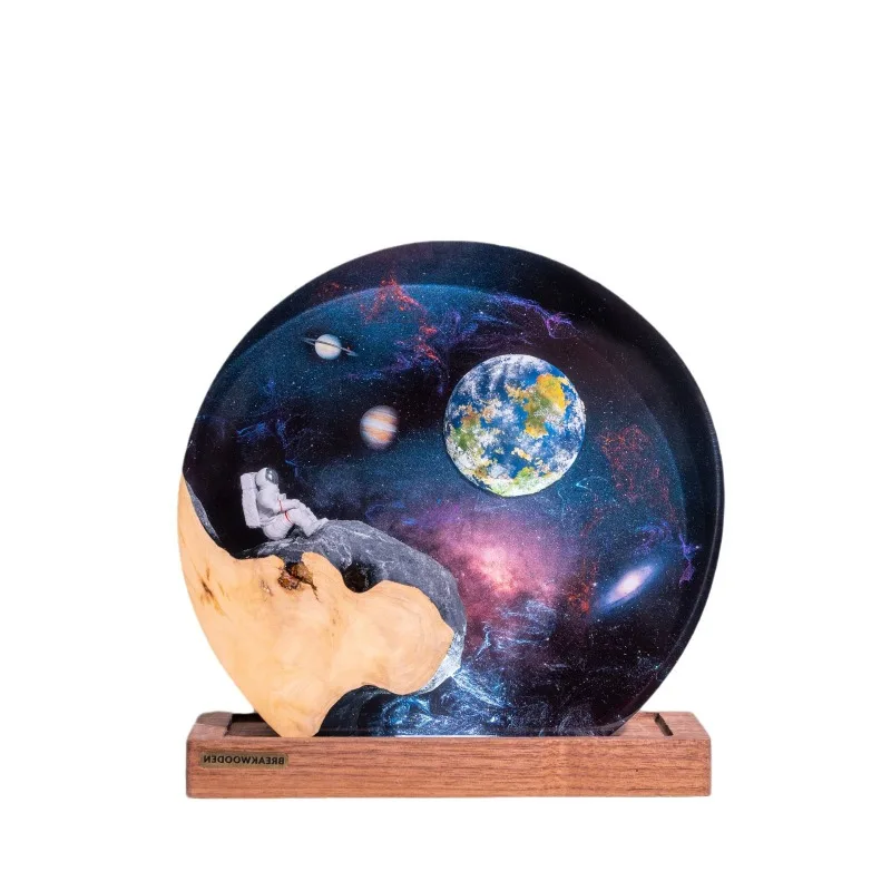 Interstellar epoxy light, space galaxy resin wood night light, astronaut resin wood art light, spacecraft night light