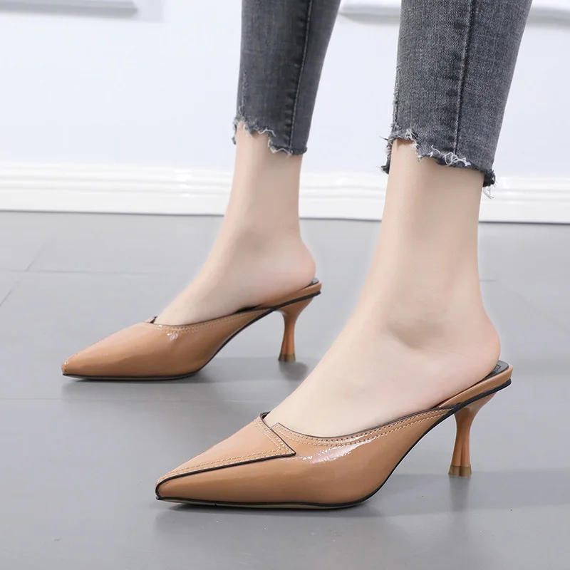 Slippers Casual Shoes Woman 2024 Heeled Mules Pantofle Med Pointed Toe Luxury High New Thin Cover Fashion Fabric PU Pumps Rome R