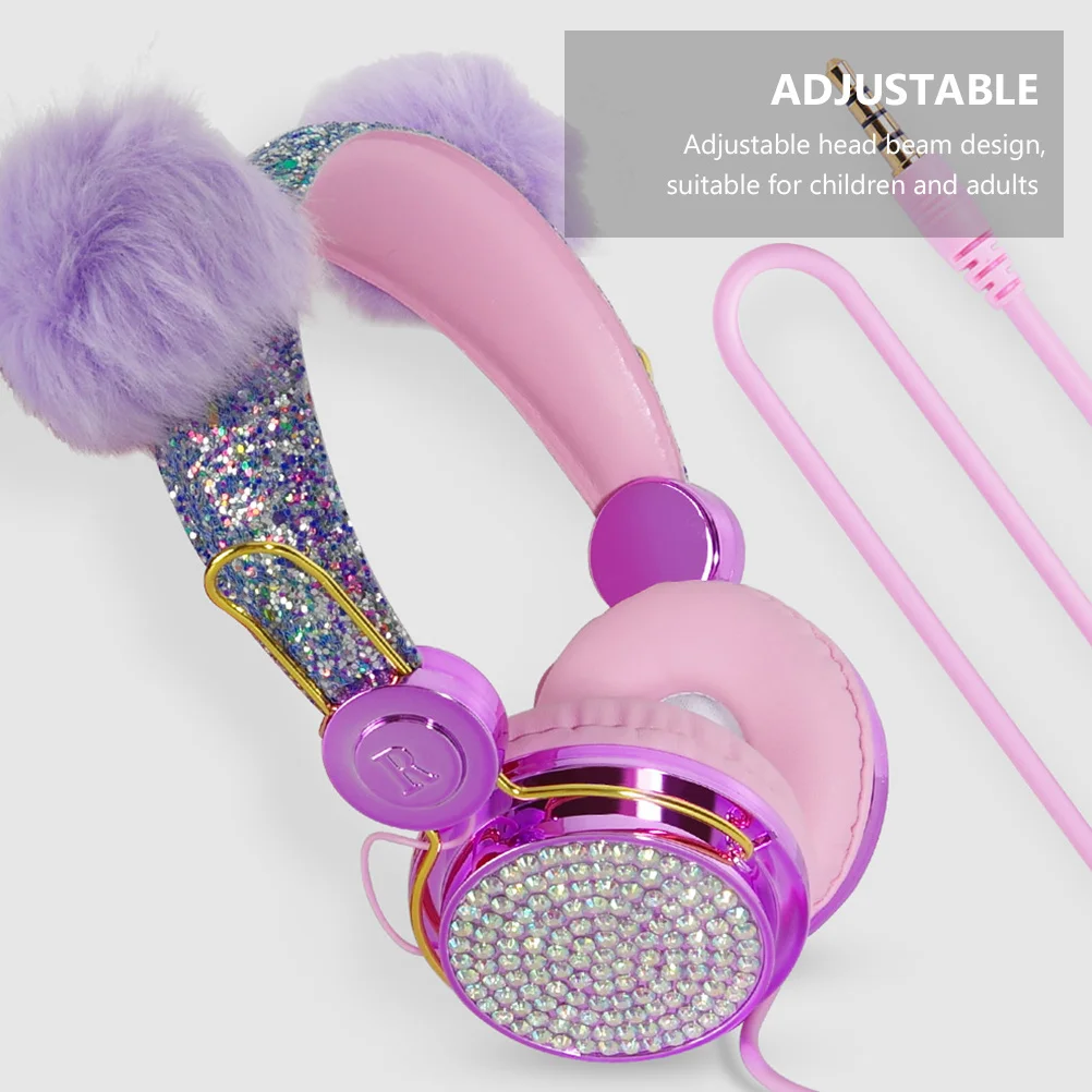 

Children Headset Furry Ball Rhinestone Glitter Adjustable Headband Noise Limiting Kids Headphones for Travel School Phone Tablet