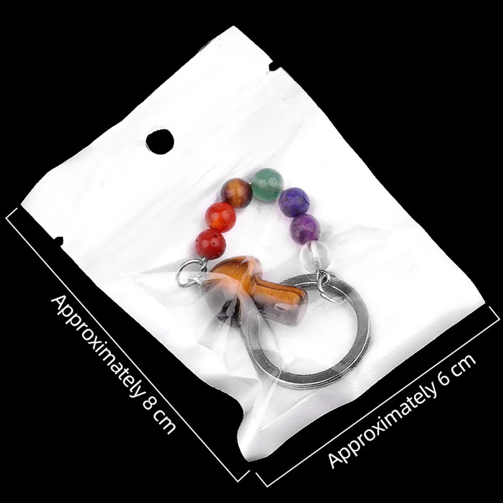 Random Color Natural Stone Reiki Crystal Seven Chakras Keychain Mushroom Shape Pendant Stainless Steel Car Key Chain Accessories