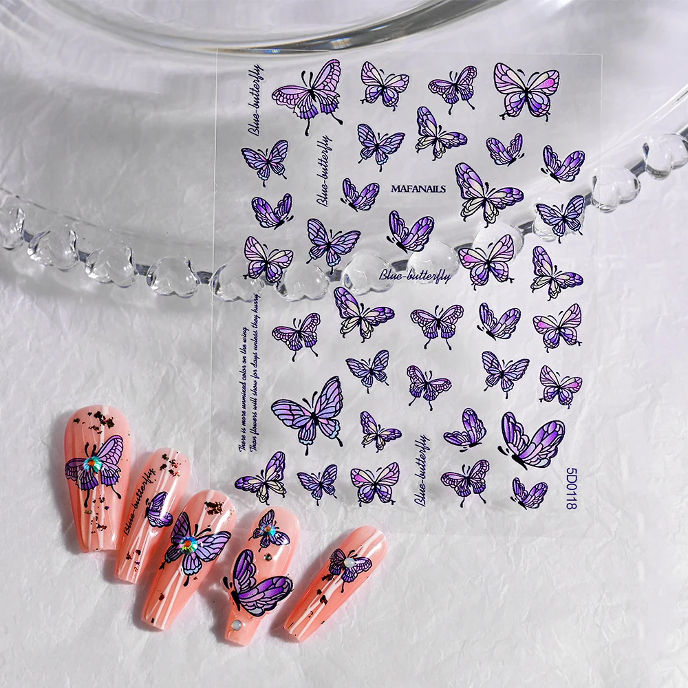 1PCS Purple Butterfly Laser Nail Art Stickers Y2K Acrylic Engraved Butterfly Adhesive Decals 5D Relief Manicure Sliders Wraps